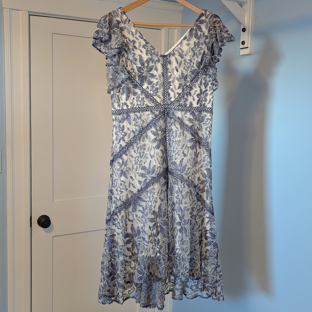 Navy Lace Floral Midi Dress | Size 8P | Ruffle Sleeves | V-Neck | Fully Lined